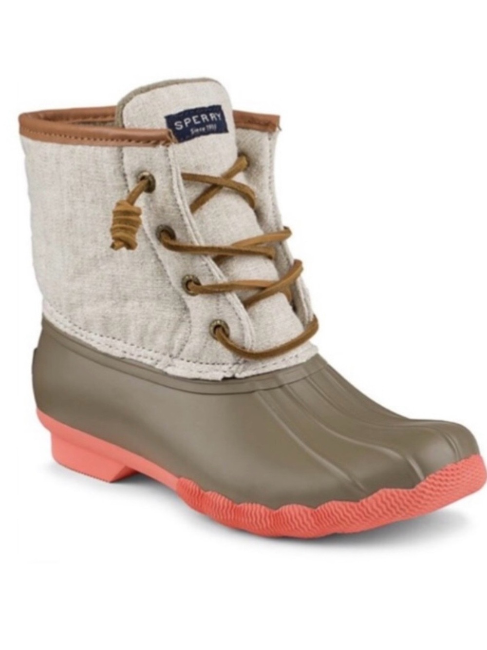 Sperry Taupe Canvas Duck Boot with Coral Sole